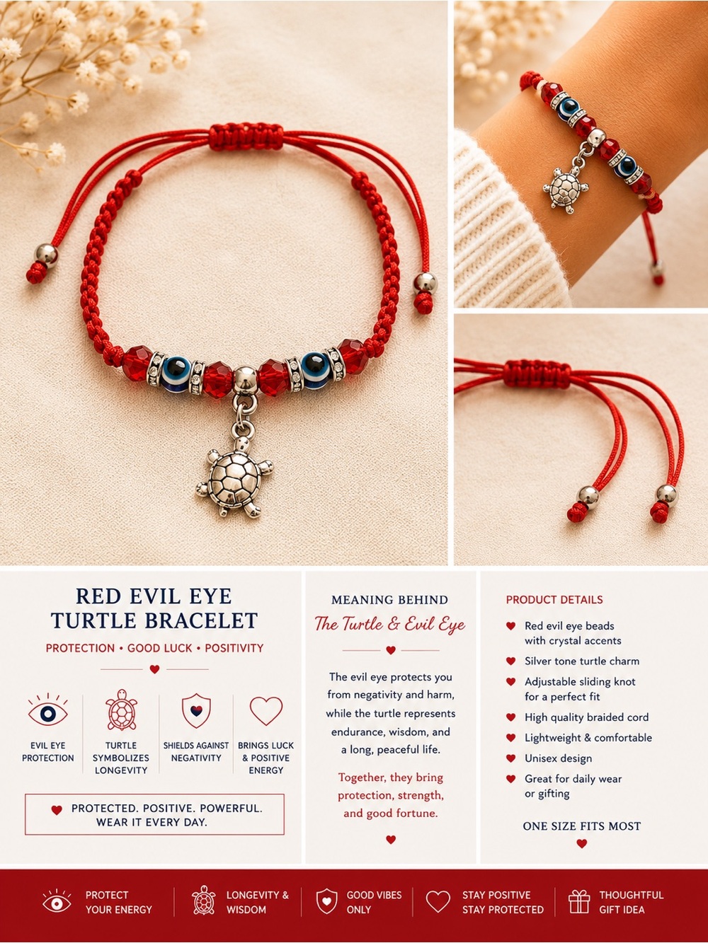 Red Evil Eye Turtle Bracelet by